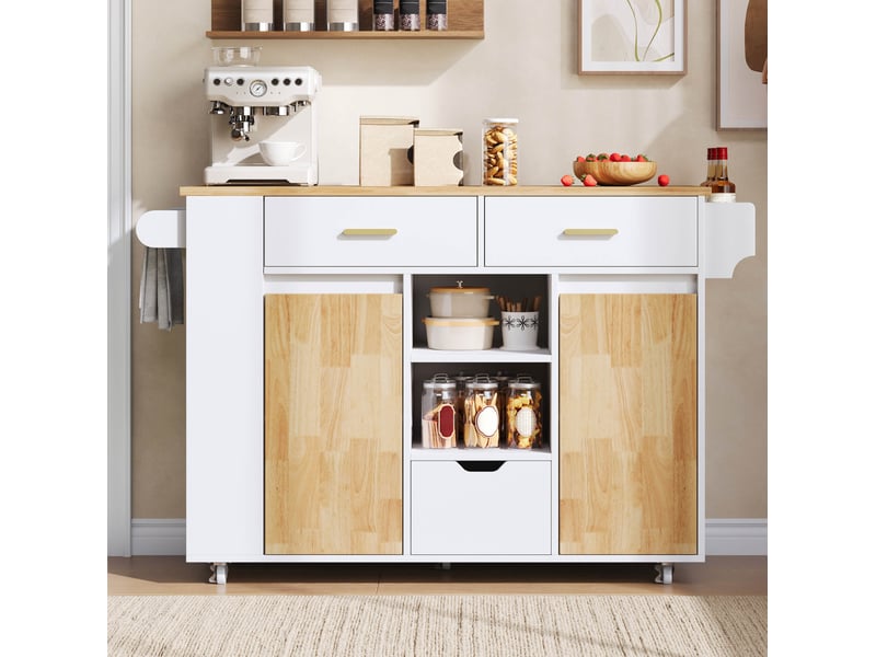Desserte de cuisine avec plateau rabattable, 3 tiroirs, 2 portes et roulettes verrouillables blanc et bois naturel - Conforama E