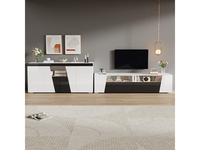  Ensemble meuble tv et buffet blanc et noir avec éclairage led, 180 x 38,5 x 45 cm et 140 x 40 x 65 cm  - Conforama D