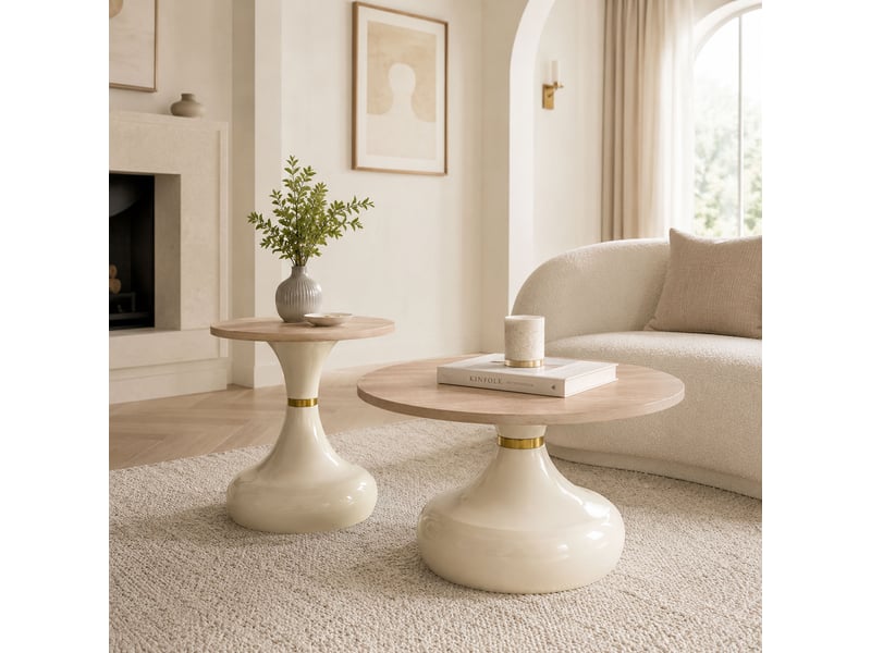 Lot de 2 tables basses gigognes brun et métal beige et design sablier lisse et solide - Conforama C