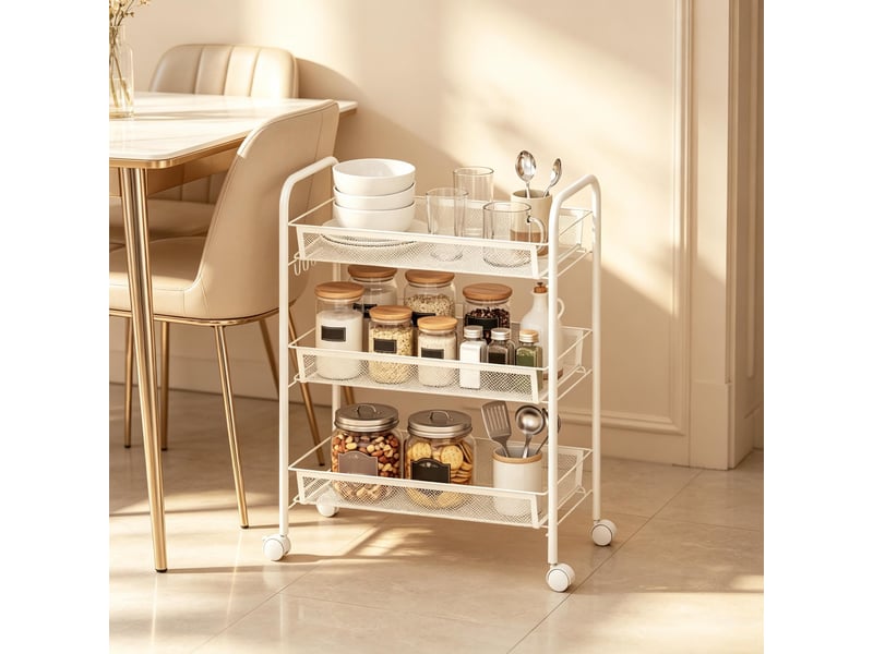  Desserte roulante 3 niveaux avec paniers, chariot de rangement cuisine mobile, blanc  - Conforama B