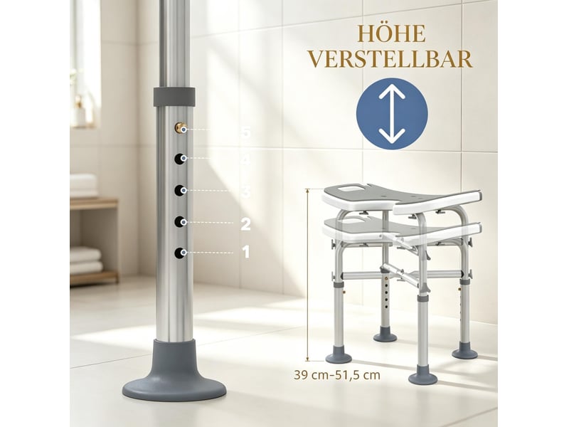 Tabouret de douche réglable gris 39–51,5 cm en aluminium avec ventouses et barre d'appui pour salle de bains - Conforama C