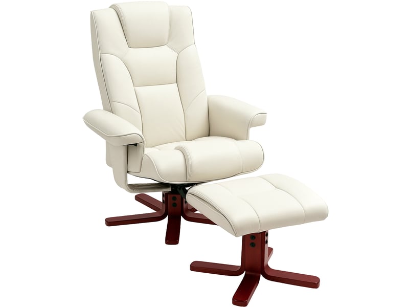  Fauteuil relax avec pouf, dossier inclinable à 135 degrés et fonction à bascule en cuir reconstitué blanc crème  - Conforama A