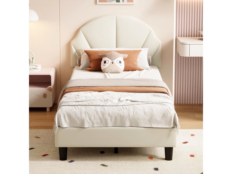  Lit jeunesse 90x200, lit simple 90x200, tête de lit réglable, revêtement velours, montage facile, beige  - Conforama D