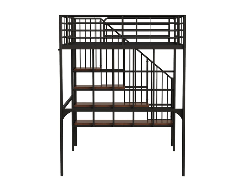 Lit mezzanine 140x200 cm en métal, escalier et grand espace de rangement, gain de place - Conforama E