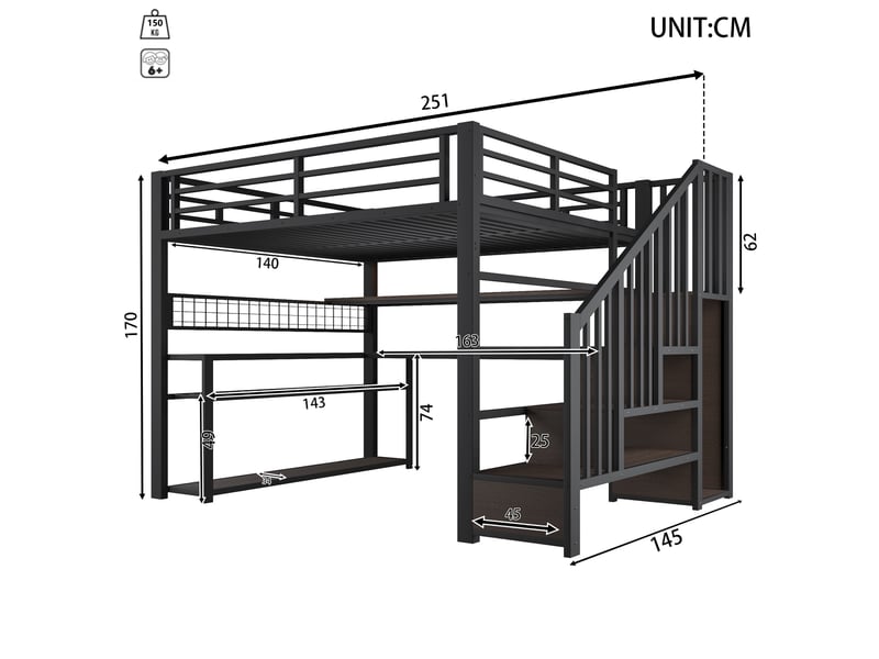 Lit mezzanine 140 × 200 cm avec bureau, armoire, rangements et led multicolores pour chambre 251 × 145 × 170 cm - Conforama C