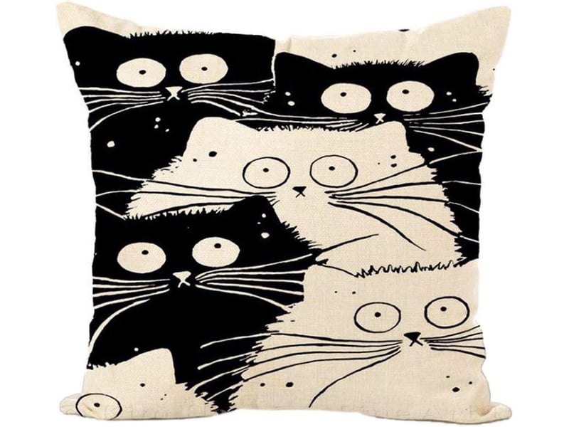  Taie d'oreiller, lot de 4 en coton et lin imprimé noir et blanc chat housse de coussin carré pour lit voiture de la maison canapé 45 x 45 cm  - Conforama C