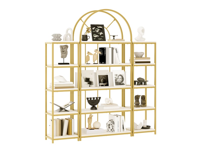  Bibliothèque modulaire haute 163x30x184 cm, anti-basculement, pour salon, cuisine et bureau, mdf, métal, doré et blanc  - Conforama A