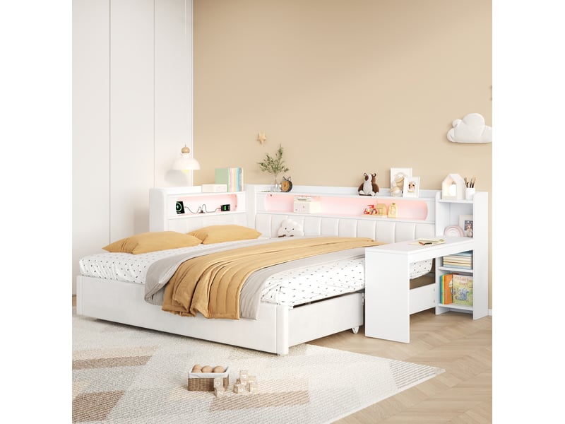  Lit jeune, lit gigogne enfant 90180x200 cm, led et bureau, coloris blanc  - Conforama D