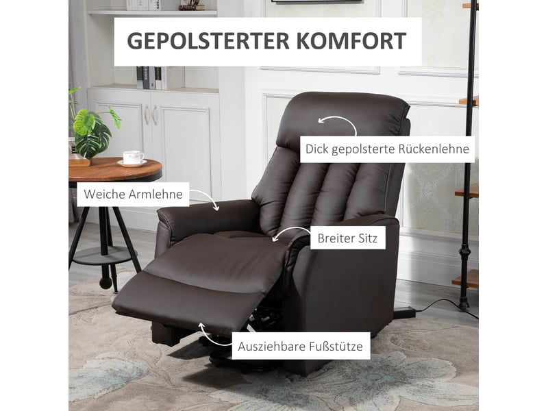 Fauteuil relax électrique inclinable avec aide au relevage et poches latérales en simili cuir brun - Conforama E
