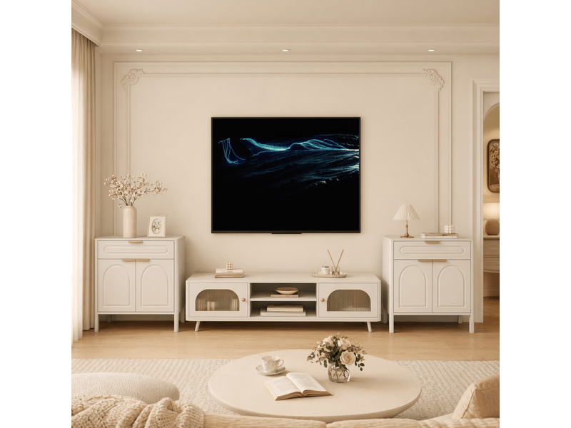  Buffet blanc moderne autoportant, armoire de rangement avec tiroir, poignées en métal doré et bords arrondis, pour entrée salon cuisine salle à manger  - Conforama E