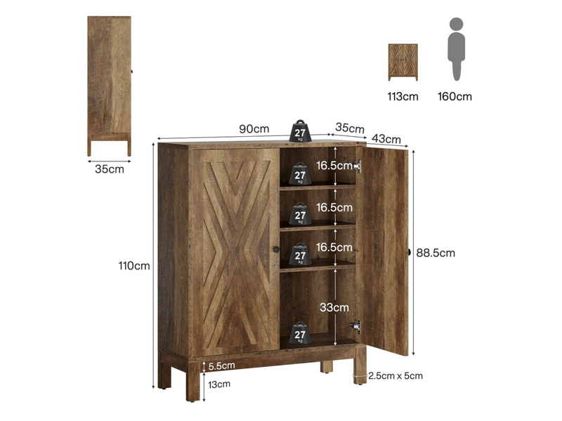 Meuble à chaussures 5 niveaux 20 paires avec étagères réglables - lpospi - portes, mdf et métal marron rustique - Conforama D