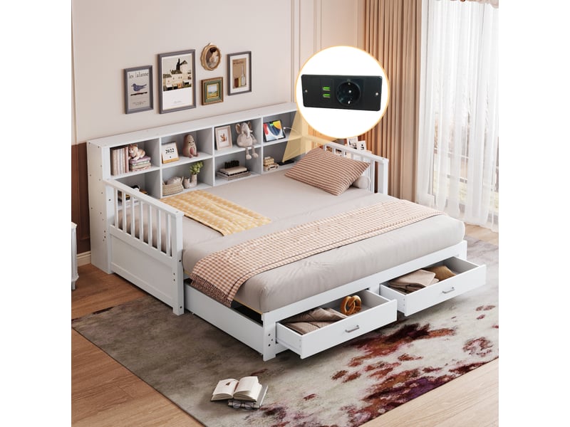 Canapé-lit extensible 90/180x190 cm avec rangements, prise et 2 tiroirs, pin blanc, sans matelas - Conforama D