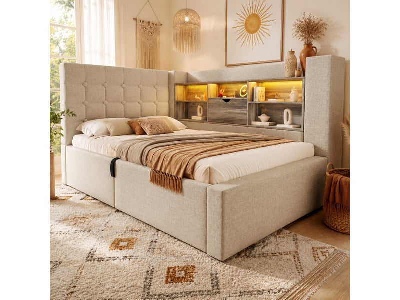  Lit simple 90x190 cm avec rangement hydraulique et led en lin beige  - Conforama D