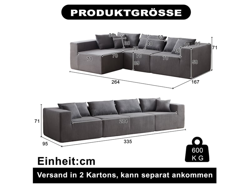 Canapé d'angle compressée en l en velours côtelé,264x167x71cm,canapé modulaire 4 pièces en mousse,sans montage,gris - Conforama C