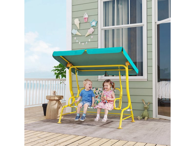 Balançoire hollywood 2 places enfant, pare-soleil réglable, ceinture sécurité. 3-6 ans, jusqu'à 60kg, 112x75x120 cm, verte. - Conforama B