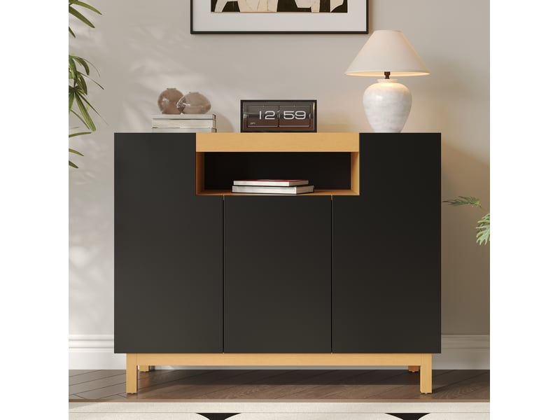 Buffet 120.5x42x96 cm à 3 portes avec niche ouverte en panneaux de particules noir - Conforama C