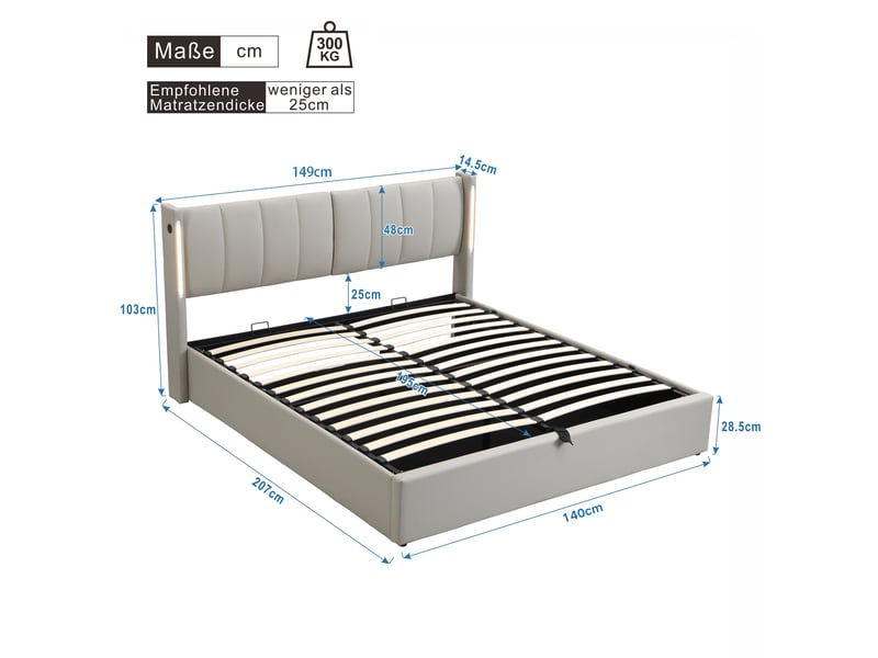  Lit coffre 140x200 cm avec éclairage led, port usb, rangement hydraulique et tête de lit réglable, pu gris  - Conforama C