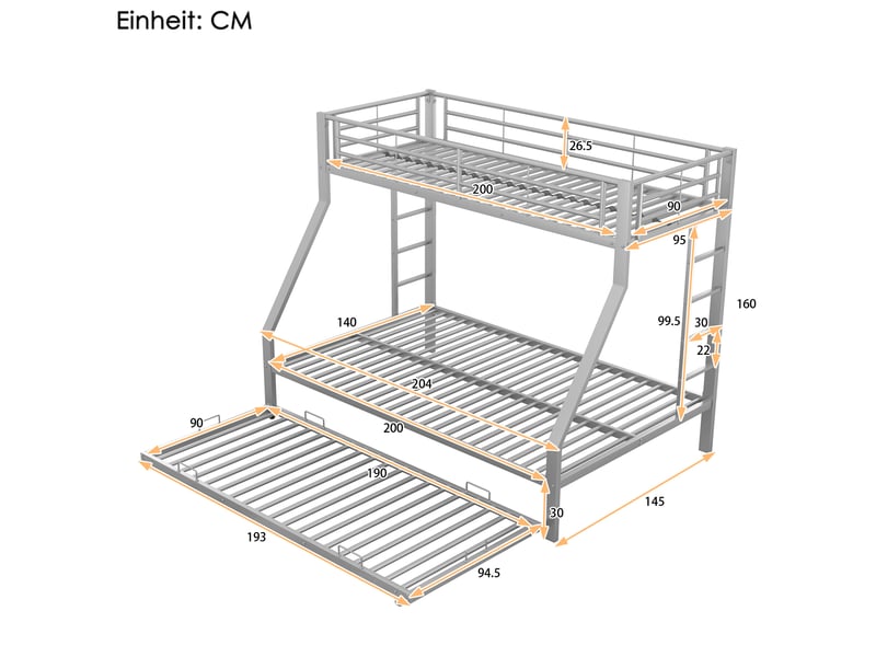  Lit superposé 90x200 cm avec lit gigogne 90x190 cm en métal argenté  - Conforama C