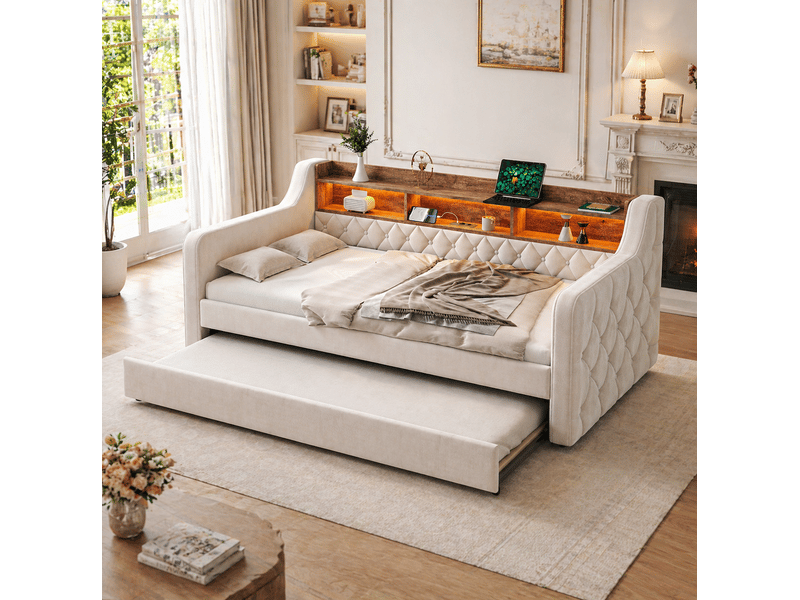  Lit gigogne 90x190 cm avec rangement, led et usb-c bois beige sans matelas  - Conforama D