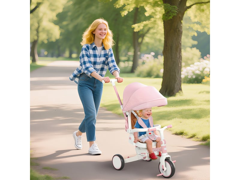 Tricycle enfant transformable en poussette, modèle 5 en 1, poignée de poussée amovible et réglable, ceinture de sécurité, sac de rangement, 1-3 ans, rose - Conforama B