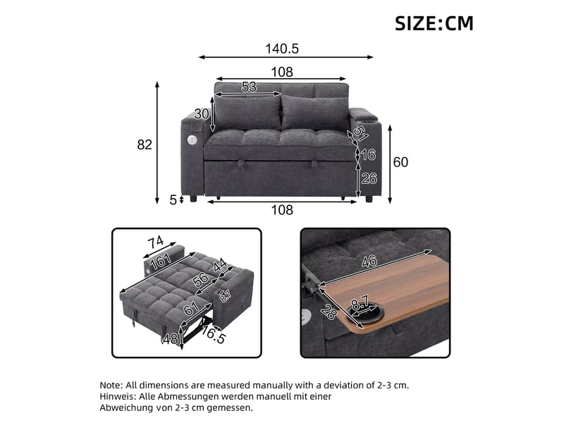  Canapé convertible 2 places 3-en-1, dossier réglable, table cachée, porte-gobelets et port usb, gris  - Conforama C