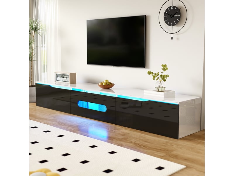  Vitrine &amp; meuble tv 180×30×35 cm – couleur chêne + blanc laqué, led 16 couleurs  - Conforama E