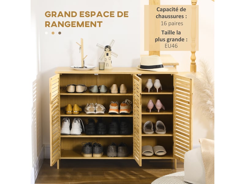  Meuble à chaussures 3 portes en bambou 100 x 35 x 80 cm  - Conforama D