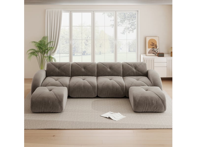 Canapé modulable en u 4 places avec 2 poufs en chenille taupe - Conforama D
