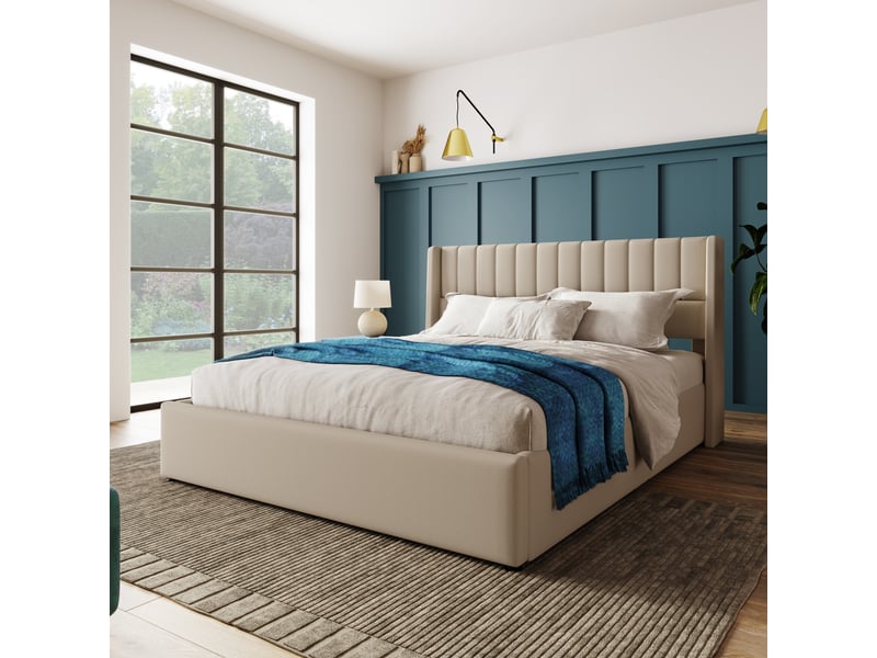  Lit coffre double 160x200 cm, sans tissu en fond, sommier à lattes, design moderne, en lin beige, matelas inclus  - Conforama W