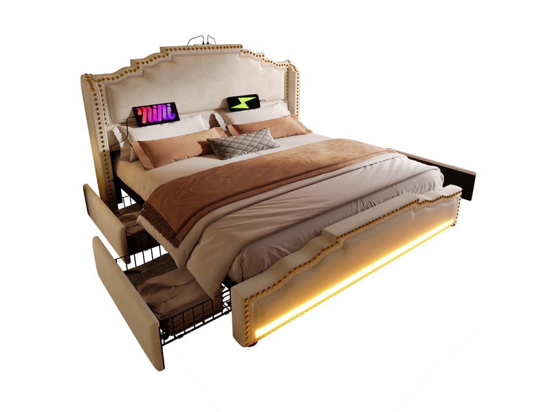  Lit avec tiroirs double 160×200 cm, 4 tiroirs, led, usb et type-c - okmyhome- velours beige, matelas inclus  - Conforama A