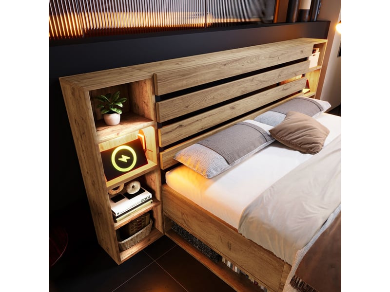  Lit coffre 180x200, rangement intégré lit double, led multicolore, ports usb-c, structure bois massif  - Conforama C
