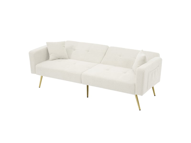  Canapé convertible 2 places avec dossier inclinable, fonction lit, tissu bouclé, poches latérales, pieds dorés, design moderne - blanc  - Conforama A