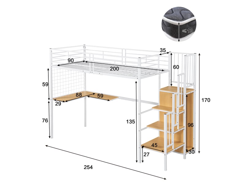  Lit mezzanine 90x200 cm avec bureau, lit surélevé gain de place avec armoire et escalier pour enfant adolescent, métal et bois mdf, blanc et naturel  - Conforama E