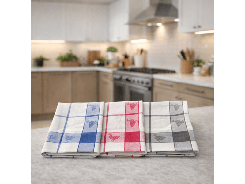  Lot de 6 torchons à carreaux motif canard rouge, bleu et gris 100% coton jacquard 50x70cm  - Conforama C