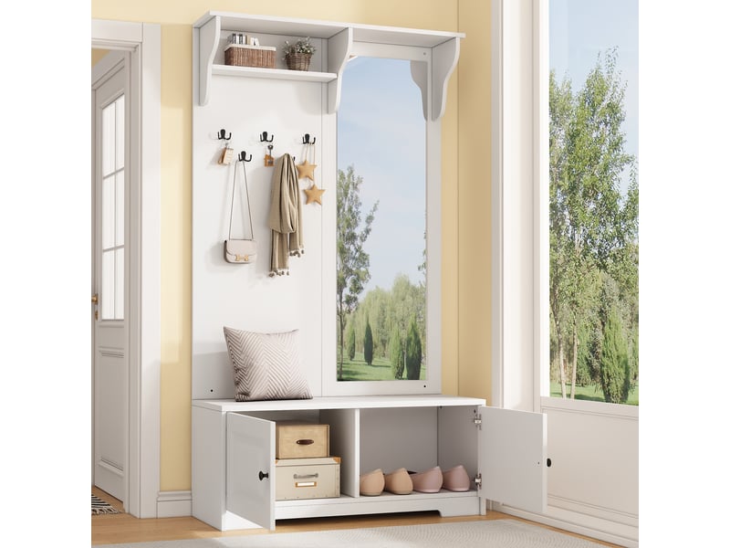  Vestiaire d'entrée avec miroir, porte-manteau d'entrée moderne avec banc à chaussures et 5 patères, mdf 100x40x180cm, blanc  - Conforama C