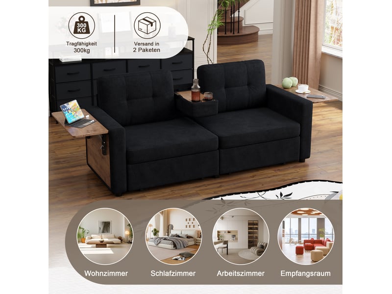  Canapé 2 places 178x71x57,5 cm avec rangements et tablettes, noir  - Conforama E