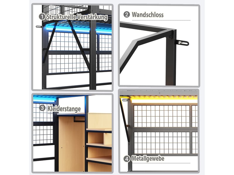  Lit mezzanine noir 140x200cm avec escalier rangement, éclairage led avec application, bureau et étagères - fer - pour enfant ado  - Conforama C