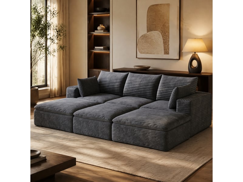 Canapé modulable 3 places avec 3 pouf en tissu velours côtelé gris foncé,coussins déhoussables, sans montage - Conforama B