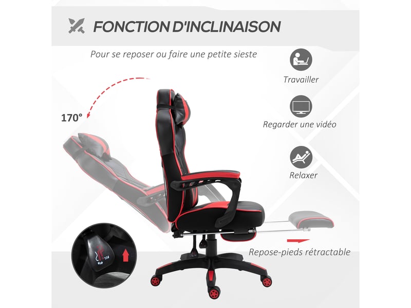  Chaise gaming ergonomique, fauteuil de bureau confortable avec repose-pied, hauteur réglable, appuie-tête et coussin lombaire, noir et rouge  - Conforama E
