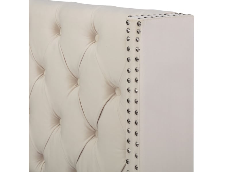 Lit double 140x190 en velours beige, lit coffre avec fonction hydraulique et sommier à lattes, style chesterfield avec double rangée de rivets - Conforama W