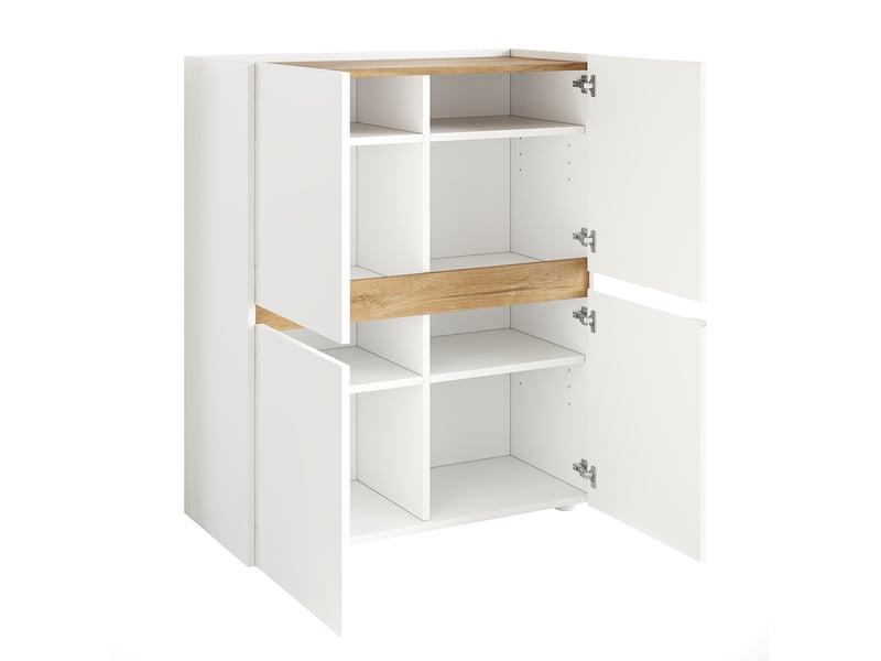  Armoire de rangement 90x40x110 cm blanc et chêne clair, panneau de particules, 4 portes et 8 compartiments  - Conforama D