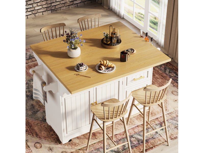  Desserte de cuisine sur roulettes, 3 tiroirs, plateaux rabattables et étagères réglables, blanche, 120 × 40(80) × 95 cm  - Conforama C