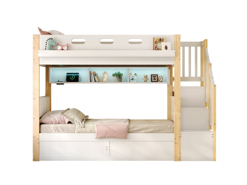 Lit superposé 2x90x200 cm, lit inférieur relevable et escalier de rangement, en bois, blanc et naturel, sans matelas - Conforama A