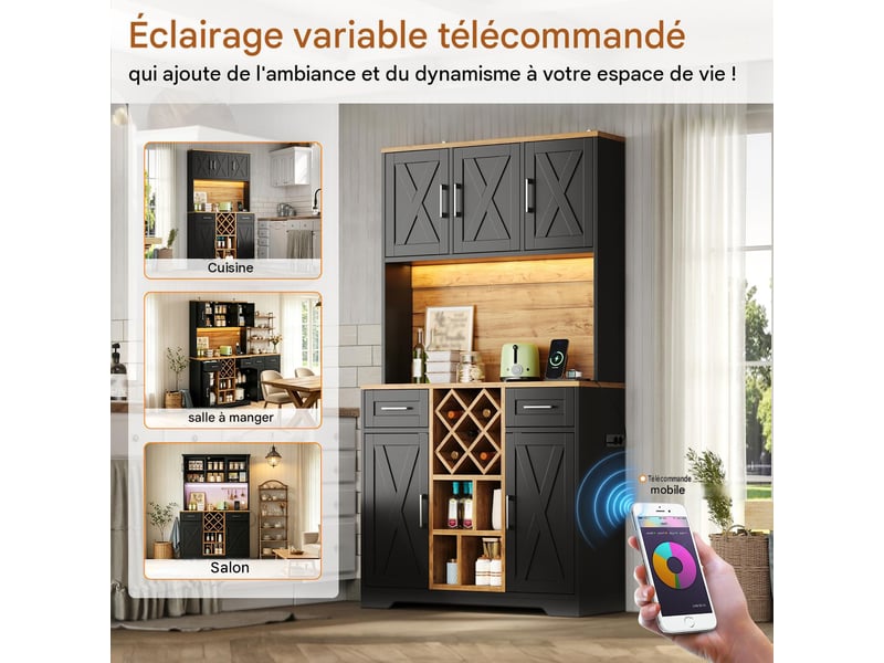  Meuble de cuisine haut avec led et range-bouteilles mdf noir et naturel 105x40x180 cm N635P4818313233S - Conforama D