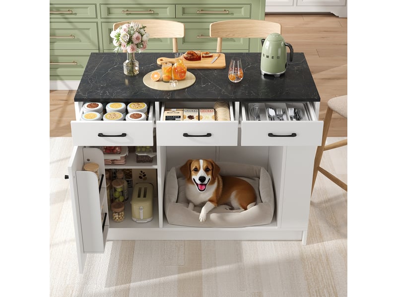 Îlot de cuisine 120x60x90 cm avec 3 tiroirs et espace pour animal, blanc - Conforama D