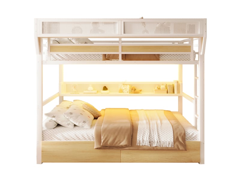  Lit superposé 140 x 200 cm en métal blanc avec 2 tiroirs, étagère, panier de rangement et éclairage led intégré  - Conforama A