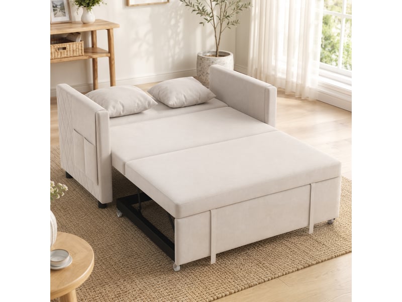  Canapé convertible inclinable réglable 2 places 2 coussins pochettes velours beige  - Conforama D