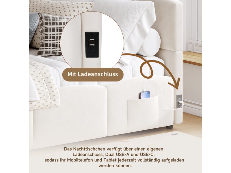  Lit coffre 90x200 canapé lit avec rangement velours beige ports usb  - Conforama W