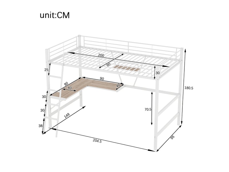  Lit mezzanine 90 x 200 cm avec bureau en l et étagère, métal et mdf blanc  - Conforama C