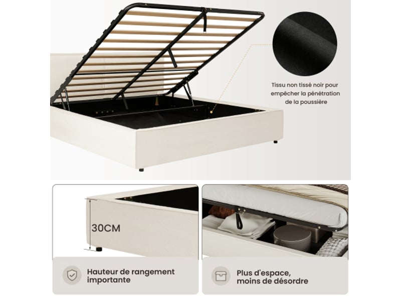 Lit double 180x200 capitonné – mécanisme hydraulique, sommier à lattes, tête de lit rembourrée en bouclé blanc - Conforama D
